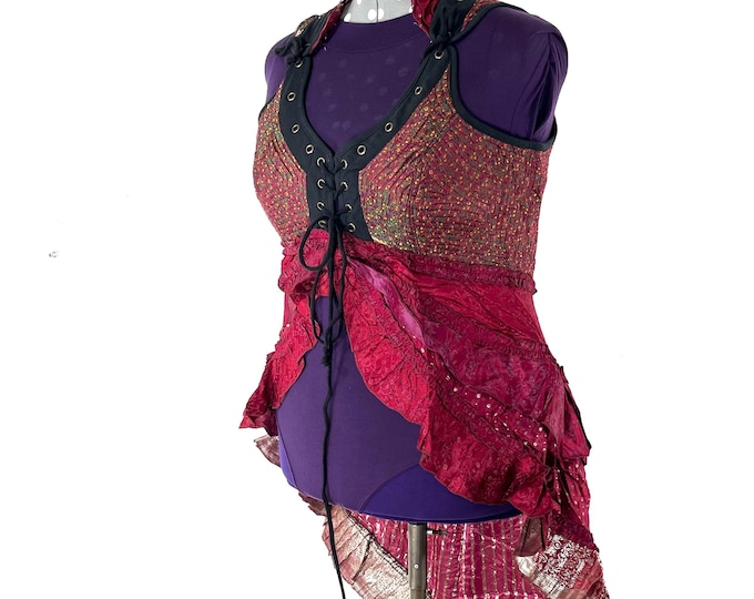 3XL. Sophia Corset Dress with Hi-Low tiered skirt, handmade from Vintage Silk Brocade. SKU:2000-8603