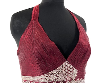 2XL Phoenix Tribal Top. New cut silk brocade halter top Maroon silver (SKU:1026-7693)