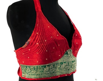2XL Phoenix Tribal Top - New cut silk brocade halter top - Red and green (SKU:1026-7696)