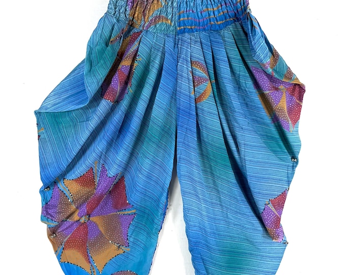 Caroline Waterfall Silk Pants; Handmade One Size, Elasticated waist. Comfy yoga Trousers. (SKU:860-9085)