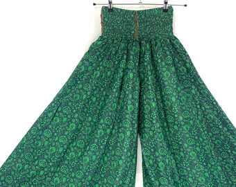 Culottes in Cool Meadow Summer Silk; Trousers Elasticated Waist, Wide Leg Palazzo Pants. Eloise Delilah Corlissa by Karma Suitsya