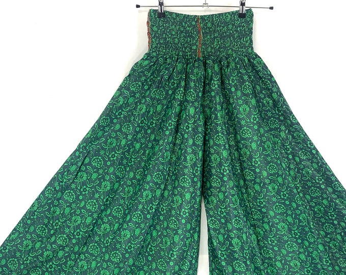 Culottes in Cool Meadow Summer Silk; Trousers Elasticated Waist, Wide Leg Palazzo Pants. Eloise Delilah Corlissa by Karma Suitsya