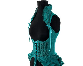 Elisa Cotton Boho Corset Dress in Aquamarine. Underbust Comfortable Hi Low Dress