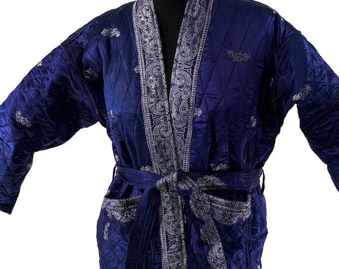 Quilted Silk Kimono Jacket XL; Vintage Brocade Robe, Generous Loose Fit, Japanese Style, Handmade.  SKU:758-7027