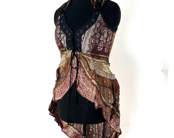 L. Sophia Corset Dress with a Hi-Low tiered skirt in Vintage Silk Brocade. Steampunk, Ren Faire, Festival  SKU:2000-8615