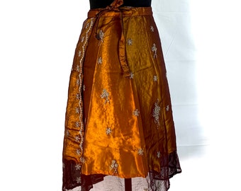 Lotus Flower Midi 2 Layer Wrap Skirt One Size made from embroidered up-cycled silk sari SKU:2011-2728