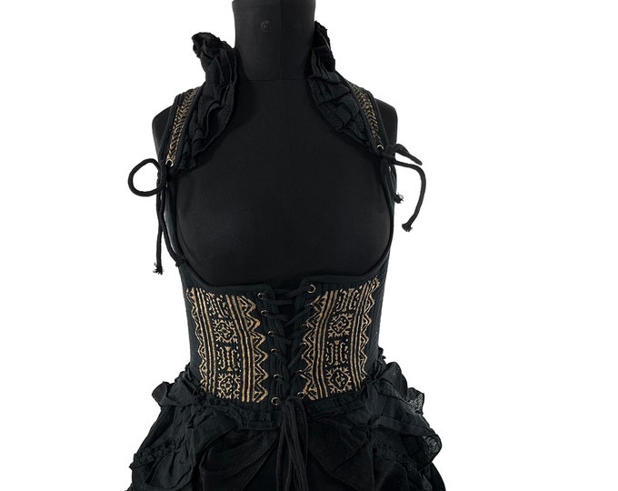 Elisa Cotton Boho Corset Dress in Black.
