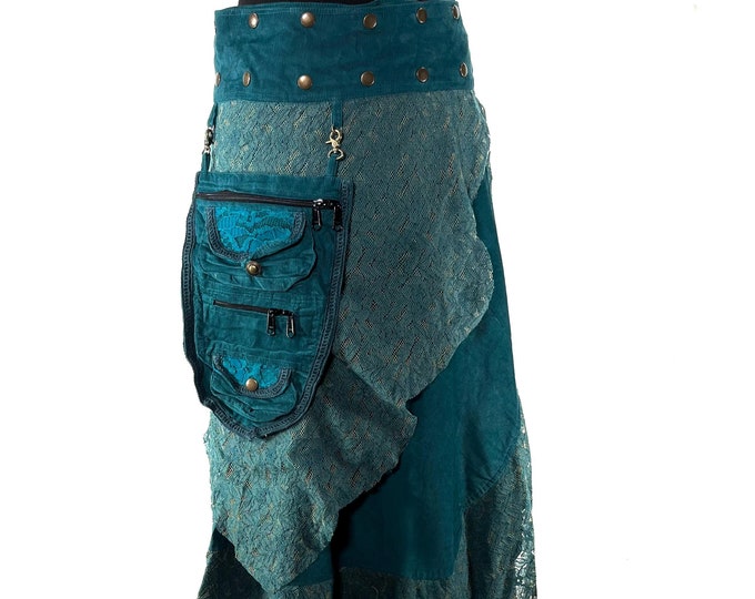 Victorian Ruffle Skirt - Sea Blue & Yellow layered cotton corduroy  Steampunk style