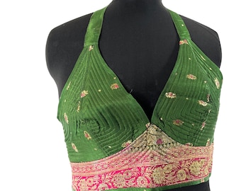 2XL Phoenix Tribal Top - New cut silk brocade halter top - Green and pink (SKU:1026-7692)