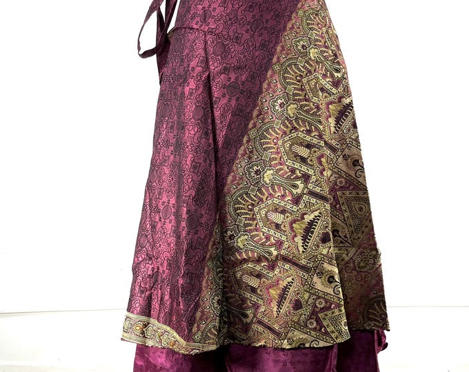 Pemberin Maxi One Size Wrap Skirt in Upcycled Heavy Silk Brocade Sari. (Two Layer A-Line Wrap Skirt)  SKU:2035-8412