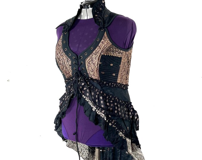 4XL. Sophia Corset Dress with Hi-Low tiered skirt in Silk brocade. Handmade Renaissance Festival Steampunk SKU:2000-8572