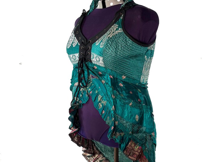 Sophia Corset Dress. Hi-Low tiered skirt, Silk brocade. Handmade Renaissance Festival UK-5XL (SKU:2000-8495)