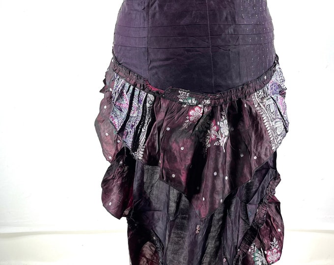 Bustle Wrap Over Skirt Vintage Silk Brocade, Luna M/L; Tribal Belly Dance mini skirt, Steampunk Festival Cosplay Tail Skirt SKU:221-7139