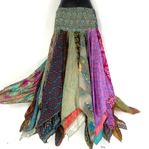 Falda larga Billie Hippie; retazos de seda vintage, cintura estilo harén (SKU: 747-5310)