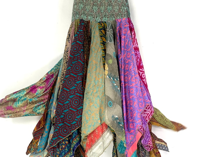 Billie Hippie Long Skirt; Patchwork Vintage Silk, Fairy Harem style Waistband  (SKU:747-5310)