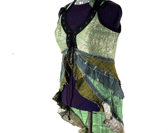3XL. Sophia Corset Dress with Hi-Low tiered skirt, handmade from Vintage Silk Brocade. Renaissance Festival Steampunk SKU:2000-8596