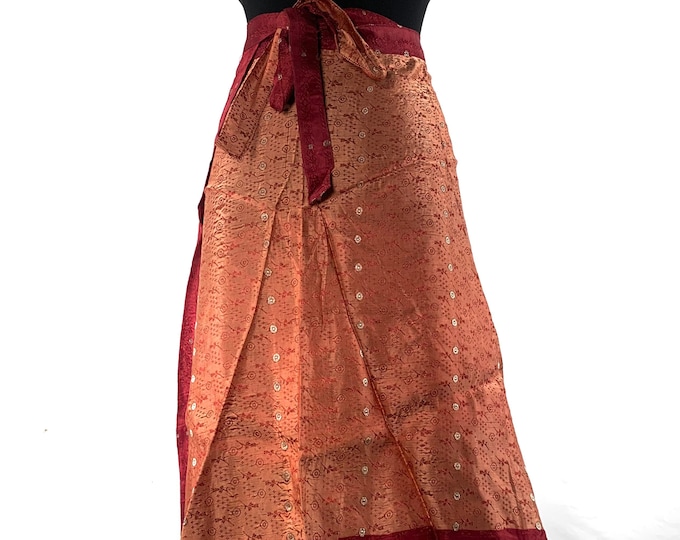 Pemberin Midi One Size Wrap Skirt in Upcycled Heavy Silk Brocade Sari. (One Layer A-Line Saree Wrap Skirt) SKU:2031-6355