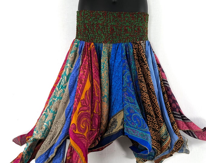 XL. Billie Long Handkerchief Skirt in One Size elasticated waist, crafted from eco-friendly vintage Silk Sari pieces  SKU:750-7034