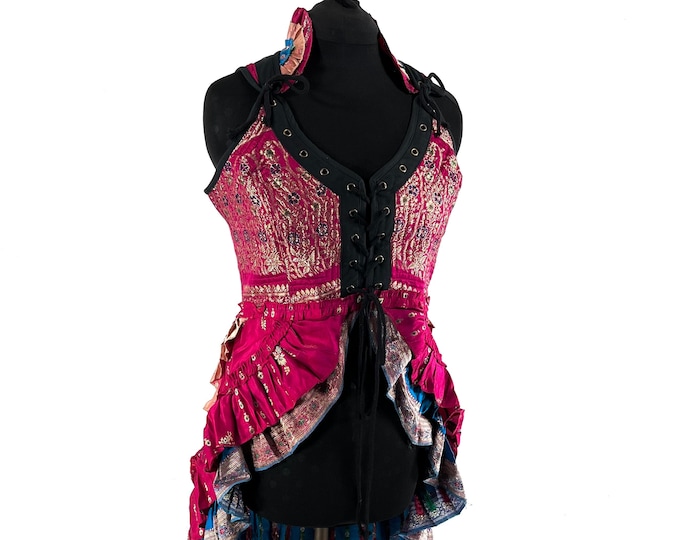 2XL Varuna Corset Bustier Dress in Silk Brocade with long body; Larp, Steampunk, Gothic SKU:2002-7483