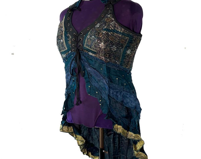 5XL. Sophia Corset Dress with Hi-Low tiered skirt in Silk brocade. Handmade Renaissance Festival Steampunk SKU:2000-8492