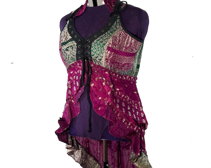 5XL. Sophia Corset Dress with Hi-Low tiered skirt in Silk brocade. Handmade Renaissance Festival Steampunk Unique SKU:2000-8490