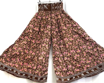 Eloise Culottes. Summer Silk, One size with Elasticated Waist. Palazzo Pants, Wide Leg, Flow pants in Brown Pink Yellow Floral