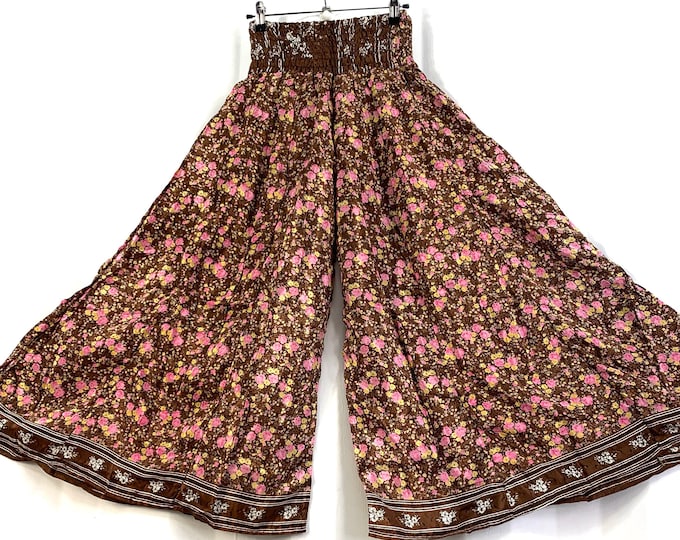 Eloise Culottes. Summer Silk, One size with Elasticated Waist. Palazzo Pants, Wide Leg, Flow pants in Brown Pink Yellow Floral
