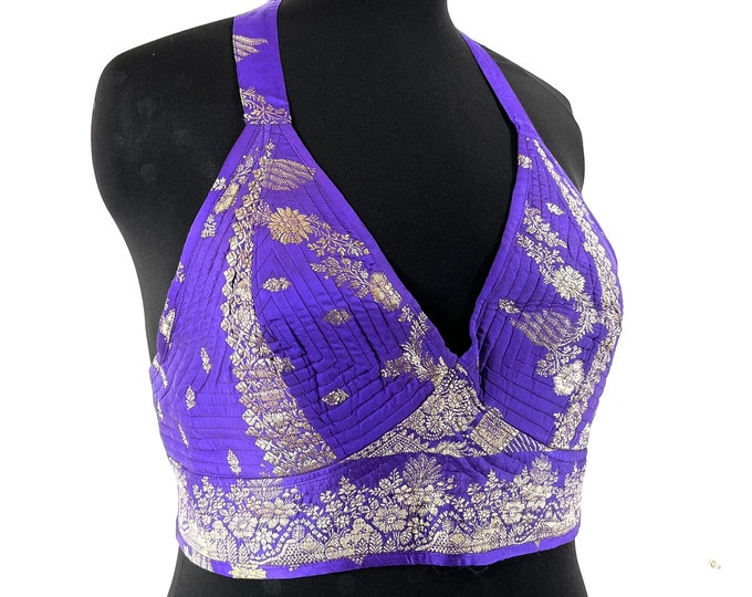 2XL Phoenix Tribal Top. New cut silk brocade halter top  Purple and silver SKU:1026-7694