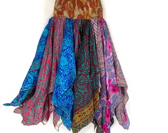 Billie Sari Midi Skirt; Handmade Patchwork Vintage Silk, Harem style Waistband (SKU:747-5302)