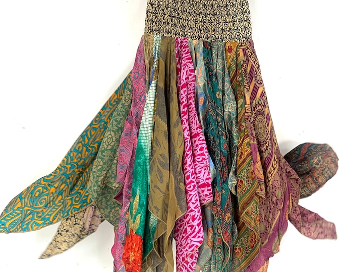 Billie Sari Midi Skirt; Handmade Patchwork Vintage Silk, (SKU:747-5312)