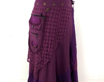 Purple Cotton Maxi Wrap Skirt; Steampunk, with detachable 3 Pocket Purse. SKU:1040-1041-