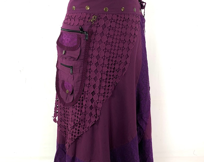 Purple Cotton Maxi Wrap Skirt; Steampunk, with detachable 3 Pocket Purse. SKU:1040-1041-