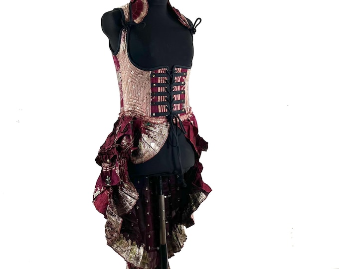 L Elisa Bustier Dress; Steampunk Under-bust Long Body Corset in Silk Brocade, (SKU:2004-10272)