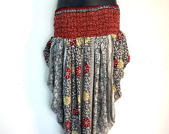 Caroline Waterfall Silk Harem Pants; One size, Elasticated waist Comfy yoga Eco Trousers in Red Black & White