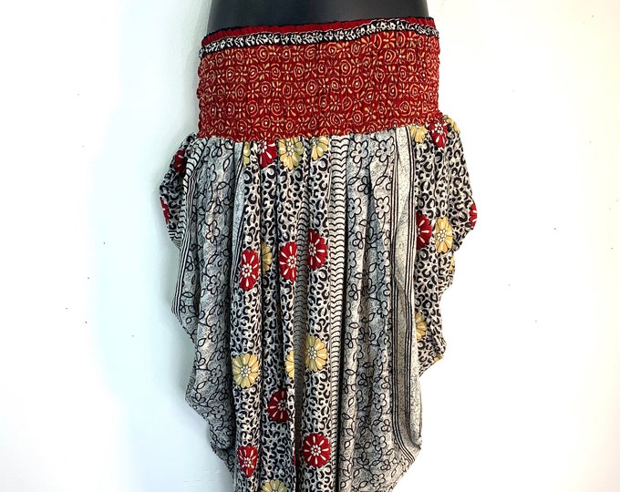 Caroline Waterfall Silk Harem Pants; One size, Elasticated waist Comfy yoga Eco Trousers in Red Black & White