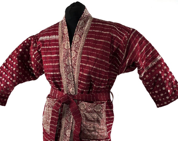 Quilted Silk Kimono Robe; Vintage Brocade, Generous Loose Fit Haori Jacket, Handmade.  SKU:757-7017