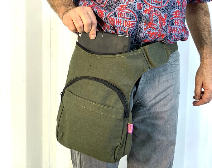 Travellers Day Bag. Perfect to wear over shoulder or at hip. Green, tough cotton bag