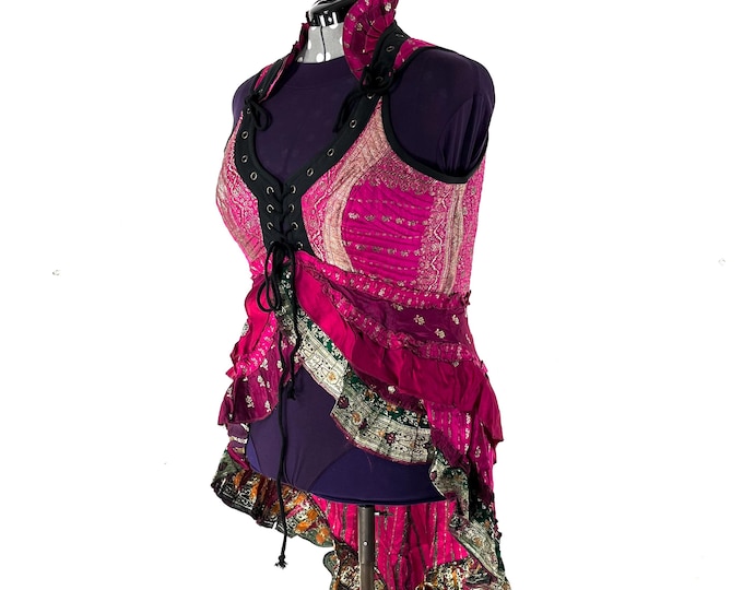 4XL. Sophia Corset Dress with Hi-Low tiered skirt in Silk brocade. Handmade Renaissance Festival Steampunk SKU:2000-8575