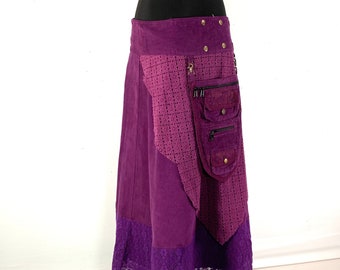 Purple Corduroy long wrap Skirt with lace, brass & a detachable 3 pocket purse.