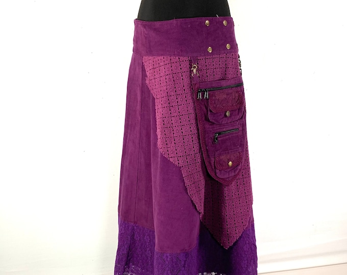 Purple Edwardian Skirt; a Corduroy long wrap Skirt with lace, brass & a detachable 3 pocket purse.