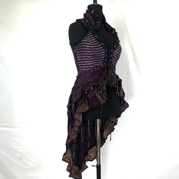 M. Sophia Steampunk Corset Dress with Hi-Low tiered skirt in Silk brocade,