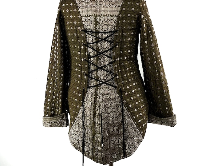 L. Steampunk Coat a Silk Brocade Fleece Lined Tailcoat with Corsetage at back for adjustable sizing.