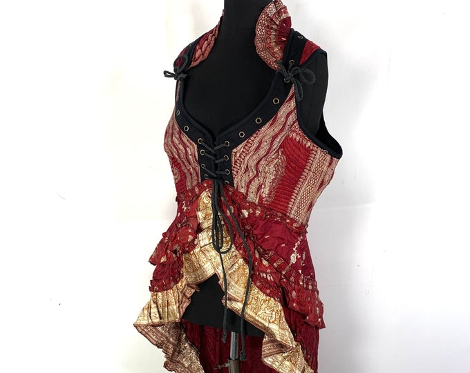 3XL. Sophia Steampunk Corset Dress in Red Vintage Silk Brocade.  SKU:2000-5378