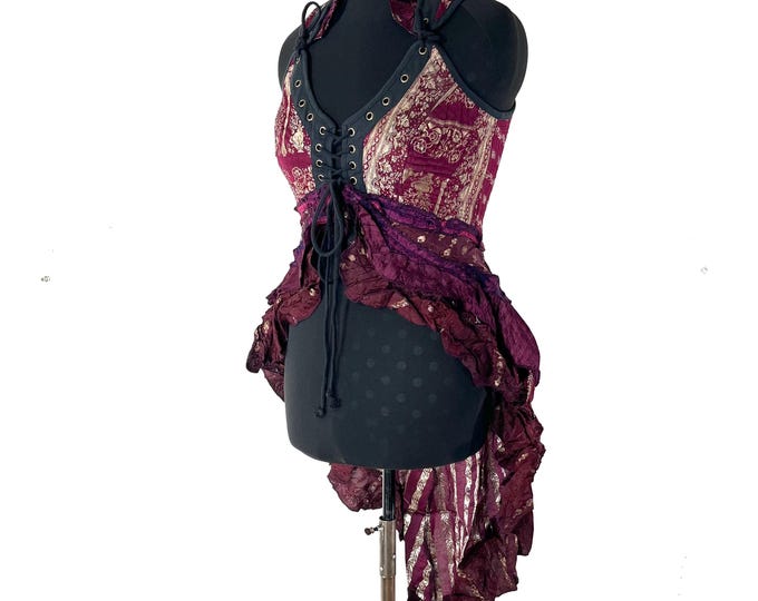 L. Sophia Corset Dress with a Hi-Low tiered skirt in Vintage Silk Brocade  (SKU:2000-8607)