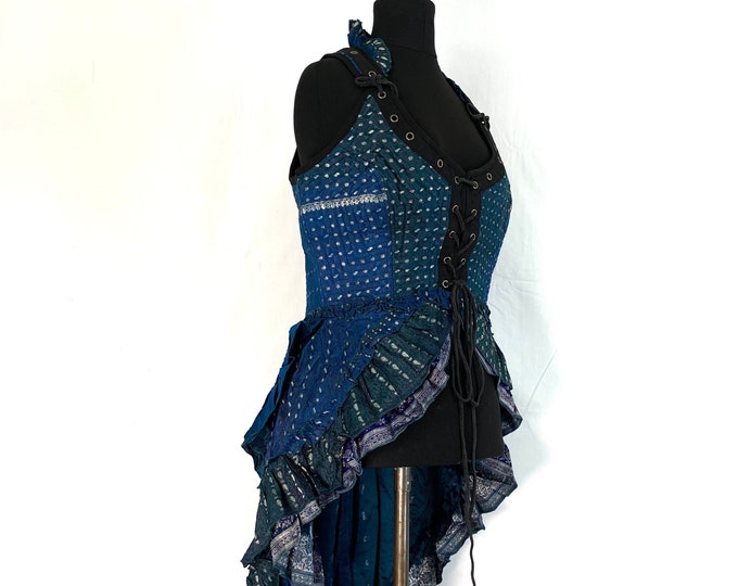 XL. Varuna Corset Dress in Silk Brocade with long body. Flamenco, Larp, Steampunk, Pagan, Fantasy, Gothic