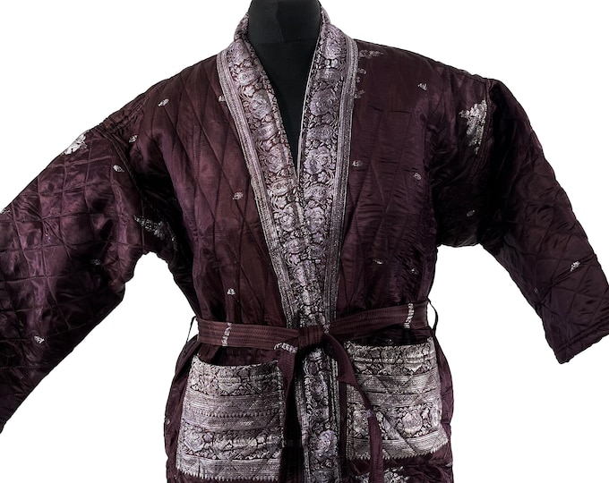 Quilted Silk Kimono Jacket XL; Vintage Brocade Robe, Generous Loose Fit, Japanese Style, Handmade.  SKU:758-7031