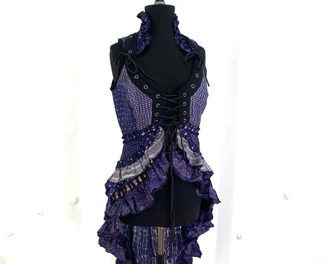 M. Sophia Steampunk Corset Dress with Hi-Low tiered skirt in Silk brocade,