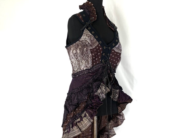 XL. Sophia Steampunk Corset Dress with Hi-Low tiered skirt in Silk brocade,