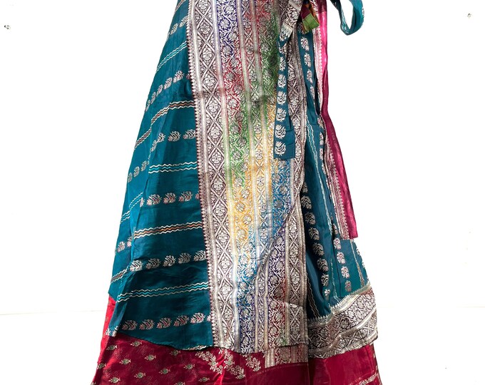 Pemberin Maxi One Size Wrap Skirt in Upcycled Heavy Silk Brocade Sari. (Two Layer A-Line Wrap Skirt)  SKU:2035-8413