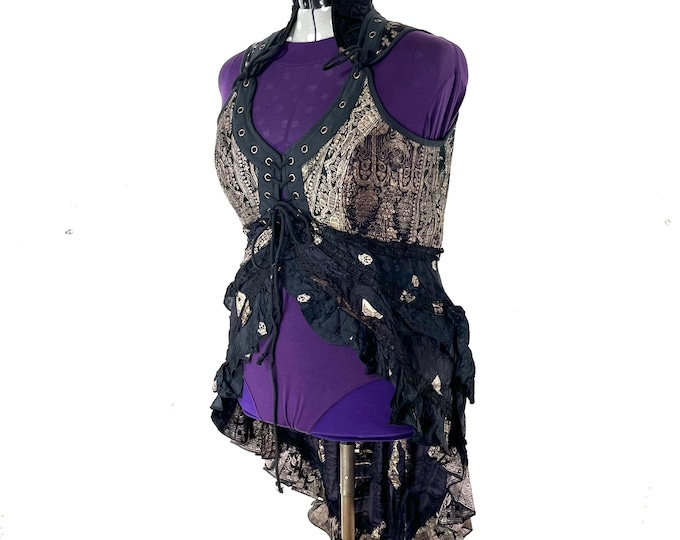 4XL. Sophia Corset Dress with Hi-Low tiered skirt in Silk brocade. Handmade Renaissance Festival Steampunk SKU:2000-8576